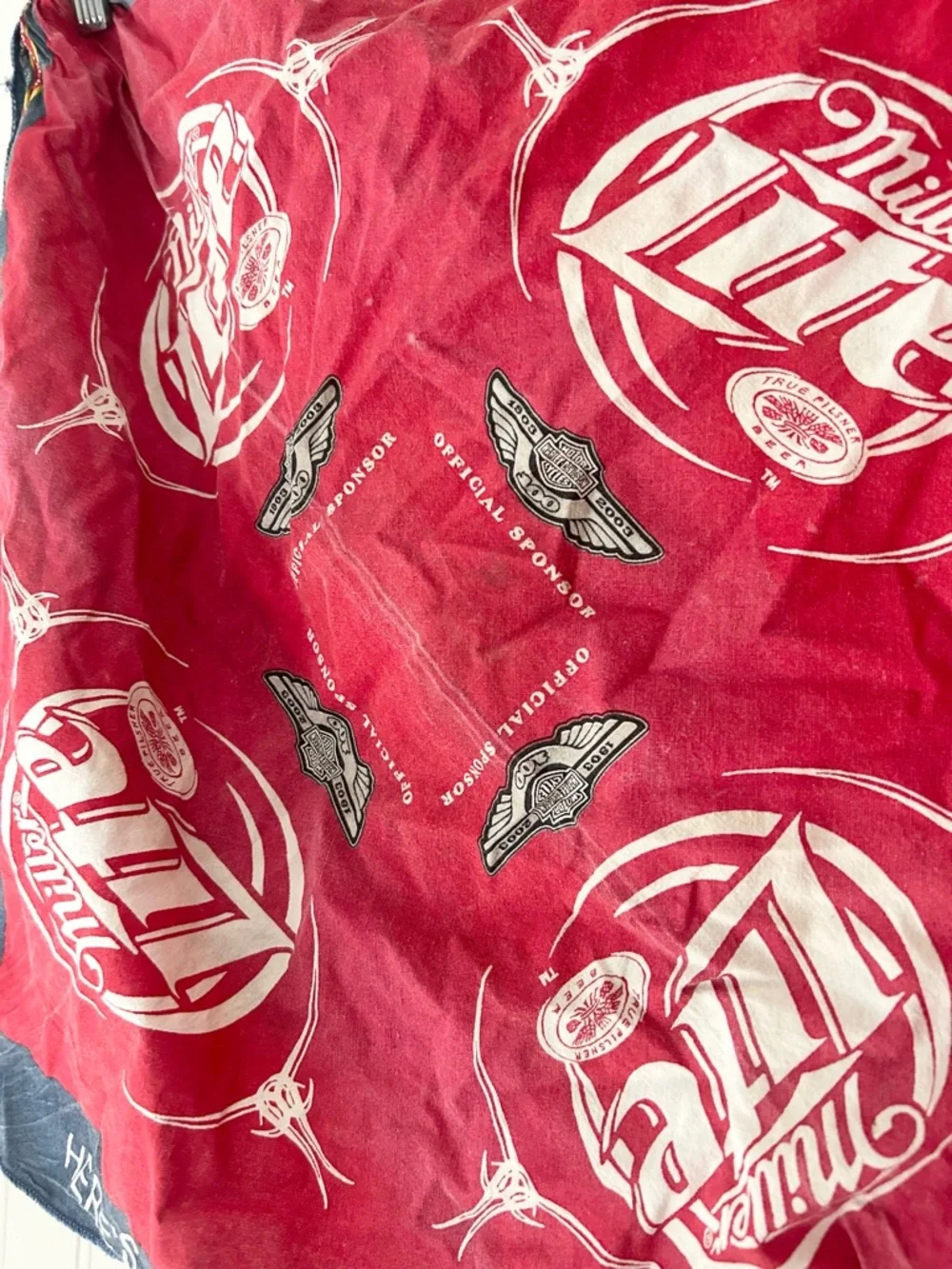 Vintage Miller Lite Harley Davidson Red & Navy Bandana Scarf *Faded*